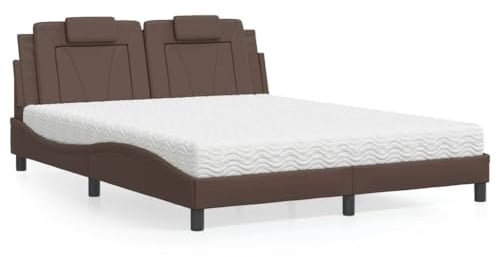 Bucmath Viana Polsterbett mit Matratze, Braun, 160x200 cm, Kunstleder, Wellenform Design, Robustes Bettgestell, Komfortschaummatratze H2/H3, Schlafzimmer Möbel