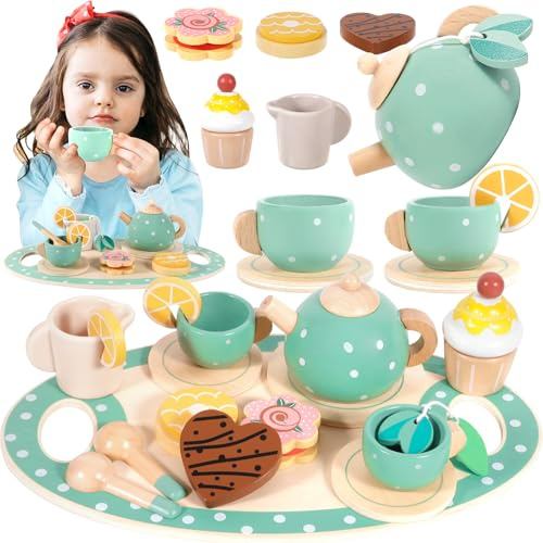 MZJAUVF 17Teeservice Kinder Holz Set, Tee Set Holzspielzeug, Teeparty Spielküche Rollenspiele, Tee Sets Kinder Teeservice mit Dessert, Kinderküche Zubehör Geschenk für Kinders Mädchen Jungen
