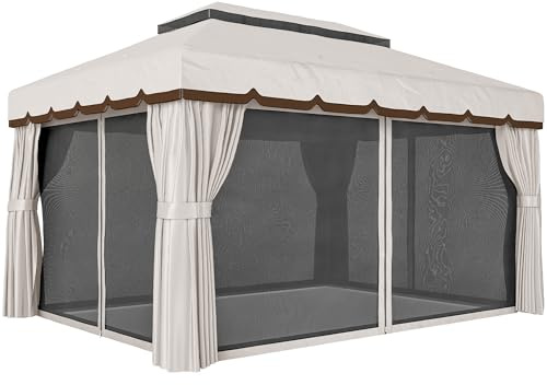 Outsunny Cenador de Jardín 4x3 m, Pabellón de Jardín Gazebo con Doble Techo, 4 Cortinas y Mosquitera, Marco de Aluminio, Orificios de Drenaje, UPF50+, Carpa para Exterior, Terraza, Patio, Blanco Crema
