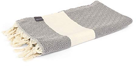 WellTouch Hamamtuch Pestemal Tuch in anthrazit/Natur mit Diamantmuster und Fransen, aus 100% Baumwolle, Maße 100 x 175 cm, Strandtuch, Yoga, Mediationstuch