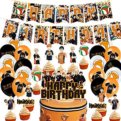 Haikyuu!! Party-Dekorationen, inklusive 1 Banner – 1 Tortenaufsatz 24 Cupcake-Topper 24 Luftballons – 8 Spiralornamente Haikyuu Kuchen Topper Anime Haikyuu Mottoparty Dekorationen für Kinder