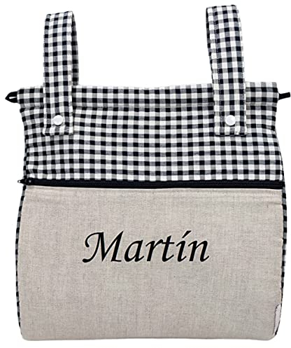 Bolsa panera de algodón vichy personalizada con nombre bordado - Bolso carro - Talega carrito de bebé - Nenel (Lino & Vichy Negro)