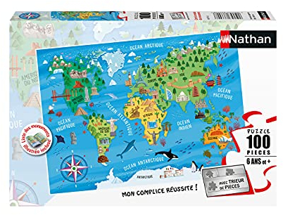 Nathan - Kinderpuzzle - 100 Teile - Weltkarte der Sehenswürdigkeiten - Mädchen oder Jungen ab 6 Jahren - Hochwertiges Puzzle - Dicker, robuster Karton - Geografie - 86775