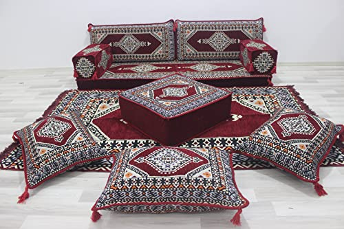 Einzelsofa-Set im Vintage-Stil, arabisches Sofa-Set, Bodenkissen, arabisches Sitzsofa, Rückenlehnenkissen, marokkanische Sofas, arabisches Jalsa (Sofa + Ottomane + Kissen)