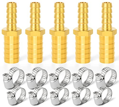ERGAOBOY 5 Pezzi 4 mm x 8 mm Ottone Riduttore Portagomma Connettore, Raccordo Tubo Dritto a 2 Vie con 10 Pezzi Morsetti