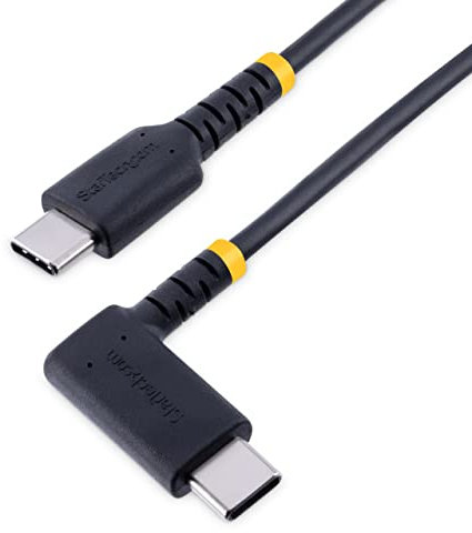 StarTech.com 1ft (30cm) USB C Charging Cable Right Angle - 60W PD 3A - Heavy Duty Fast Charge USB-C Cable - USB 2.0 Type-C - Rugged Aramid Fiber - USB Charging Cord (R2CCR-30C-USB-CABLE)