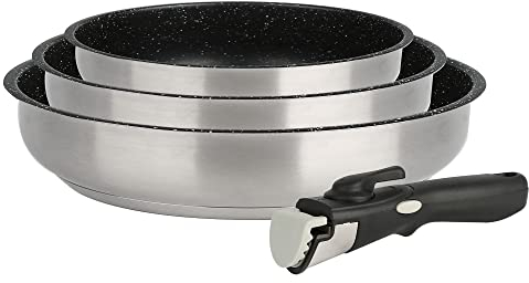 Kamberg Juego de sartenes, utensilios de cocina de 4 piezas, acero inoxidable, revestimiento de piedra, todos los fuegos incluyendo inducción, mango extraíble, libre de PFOA