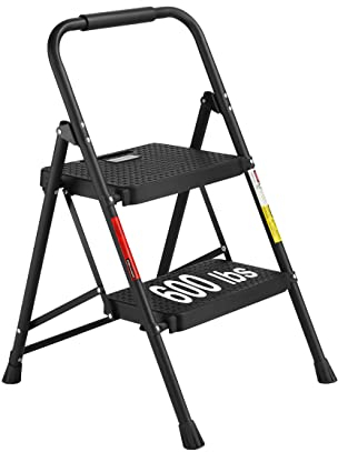 BONTEC Escaleras Plegables de 2 Escalones, Capacidad de 150KG con Pedales Antideslizantes Anchos, Taburete Escaleras de Mano de Acero, Manubrio de Esponja, Uso en Interiores y Exteriores, Negro