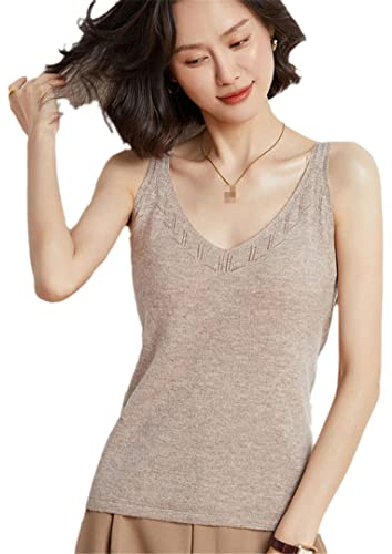 Four Seasons Inside 100% laine solide Sling femmes col en V creux cachemire gilet ample sans manches haut solide mince chemise femme kaki 9 L