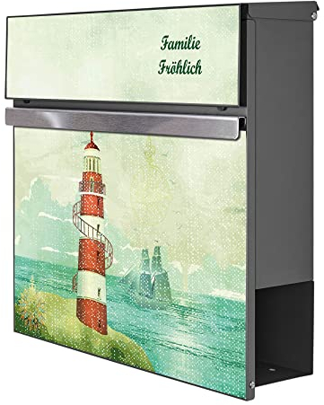 banjado® Briefkasten personalisiert Anthrazit mit Motiv Alter Leuchtturm/Briefkasten mit Zeitungsfach 37x37x10,5 cm/Postkasten A4 Einwurf inkl. Montagematerial & 2 Schlüsseln