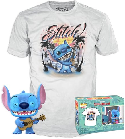Funko POP! & Tee: Lilo & Stitch - Ukelele Stitch - Flocked - Medium - T-Shirt - Clothes With Collectable Vinyl Figure - Gift Idea - Toys and Short Sleeve Top for Adults Unisex Men and Women