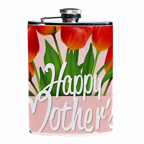 Petacas para licor,flor de tulipán feliz día de la madre,Frasco a prueba de fugas de acero inoxidable y frasco de embudo para hombres y mujeres