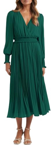 PRETTYGARDEN Damen-Wickelkleid, V-Ausschnitt, Frühlingskleid, Hochzeitsgäste, lässig, plissiert, langärmelig, Midi-Kleid, Rüschen, gesmokt, langes Kleid, Dunkelgrün, X-Groß