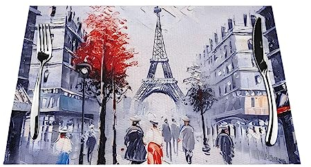 Partyunix Tischset – hitzebeständig, waschbar und leicht zu reinigen, Esstisch, Paris, Stadt, Baum, Eiffelturm, Kunstdrucke, 6 Stück, 45,7 x 30,5 cm