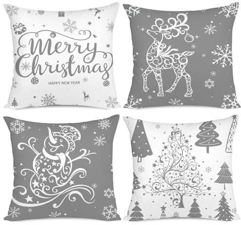 Miaikoe Weihnachtskissenbezüge 50x50 Set von 4 Weihnachtsdekoration Bäume Hirsch Schneemann Frohe Weihnachten Dekorative Urlaub Bauernhaus Kissenbezüge für Urlaub Weihnachtsdekoration (grau)
