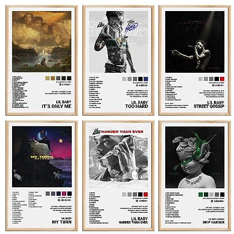 Darxan Lil Baby Poster Set: 6 Stück Wandkunst, Album Cover, Kunstdruck, Modern, Grau, Unisex, 20x30 cm, Ungerahmt, Ideal für Wohnraum, Klassenzimmer