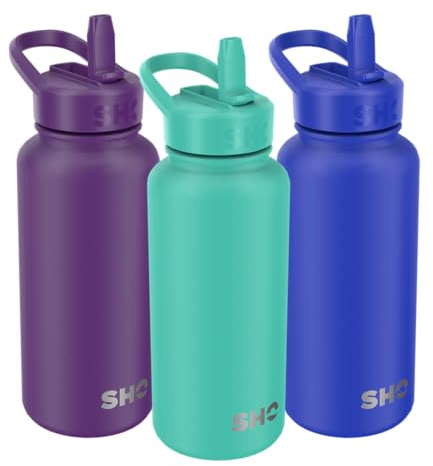 SHO Stainless Steel Guzzler Water Bottle with Straw Lid - Leakproof, Dishwasher Safe, BPA Free, No Sweat, Vacuum Insulated Double Walled Metal Flask, 950ml & 1900ml - 24 Hours Cold (Oasis, 950ml)