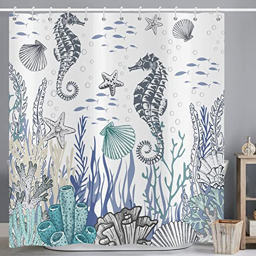 ASDCXZ Maritim Duschvorhang 180x200 cm, Handgemalt Meerestiere Hippocampus Fisch Muscheln Seestern Blau Waschbar Duschvorhänge Polyester Textil Wasserdicht Duschvorhang für Badewanne mit 12 Haken