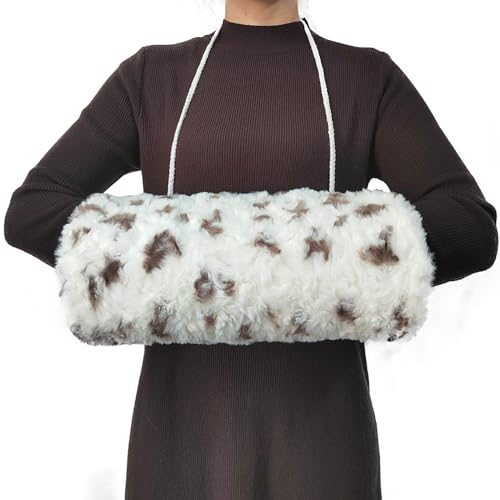 SwirlColor Faux Pelz Hand Muff, weiche Hand Muff mit Strap Tasche Praktische Hand Warmer Muff für Frauen Männer, mit transparentem Haken mit weißen Flecken