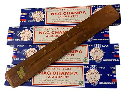 VIE Satya Incense Sticks, 4 Packs x 15g, with Incense Holder, Nag Champa
