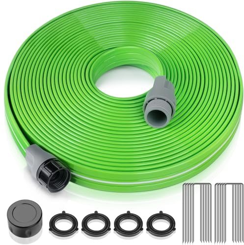 LAVEVE Strapazierfähiger Sprinklerschlauch, 15 m, flacher Gartenschlauch mit Löchern, effizienter flexibler Bewässerungsschlauch für Hof, Rasen und Garten, inklusive Heringen