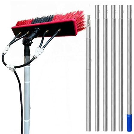 Misorat Außenfenster Reinigungsstange, Wassergespeistes Stangen-Kit Mit Schlauchspray, 3-9 M Teleskopbürste, Solarpanel Für Sauberere Außenfenster, 8M/55 Brush Head