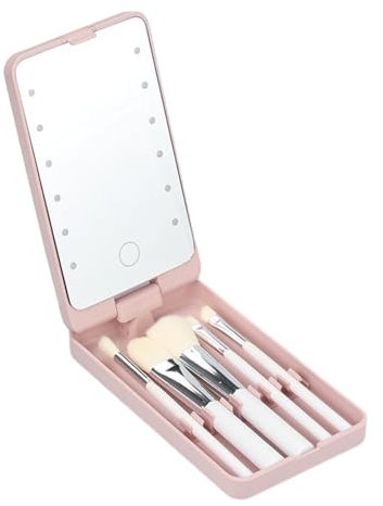 Boîte à pinceaux de maquillage de voyage avec miroir rotatif à 360°, 5 pinceaux de maquillage portable avec lumière LED, poils doux, outil de maquillage pour le visage, rose