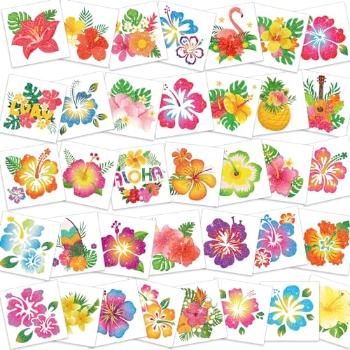 HOWAF 72pcs Hawaii Hibiskusblüten Temporäre Tattoos, Glitzer Hawaii Deko Tattoo Aufkleber Fake Tattoo Sticker Temporary Tattoo für Beach Hawaii Party Deko Sommerparty Deko Mitgebsel Kindergeburtstag