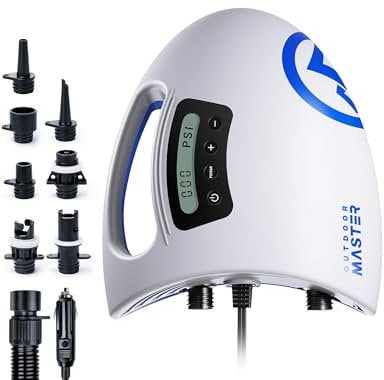 OutdoorMaster The Shark - Bomba de aire eléctrica SUP de alta presión con 20 PSI 12 V CC, sistema de enfriamiento activo inteligente en dos etapas, para barcos hinchables (blanco + azul)