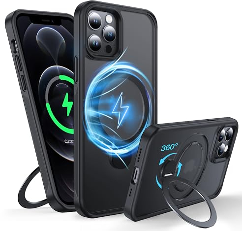 FNDMIL 360°Drehbarer Magnetisch für iPhone 12/12 Pro Hülle mit MagSafe [Rutschfester Textur][Unsichtbarer Ständer][Militär Schutz] Translucent Matt Hardcase für iPhone 12/12 Pro Case Dünn,Schwarz