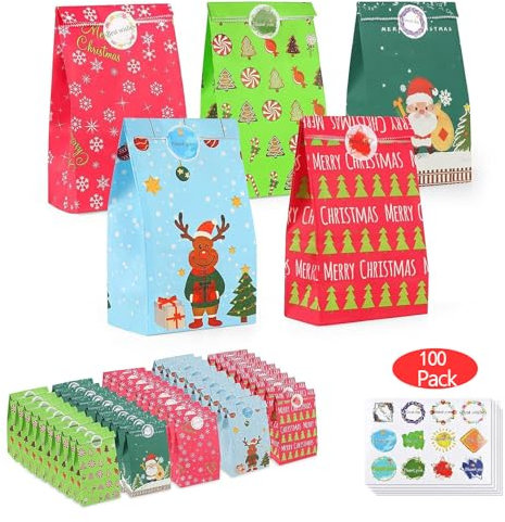 TOOELMON Geschenktüten Weihnachten, 100 Stück Klein Papiertüten Weihnachten mit Aufkleber, Bunt Kinder Geschenk Tüten Kraftpapier für Geschenke Mitgebsel Süßigkeiten Party