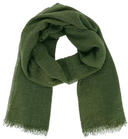 moonbow Damenschal, einfarbig, 20 % Baumwolle, 80 % Viskose, Knitteroptik und Fransen-Finish, modern und modisch, lang und rechteckig, 180 cm x 90 cm – Schal, dünn, weich, leicht und weich, olivgrün,