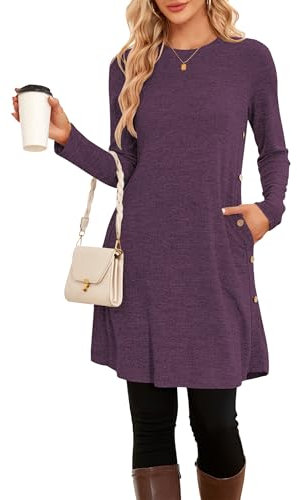 SENBATU Robe Pull Femme Hiver Dames à Manches Longues Robe Noel Femme Robe Tunique Boutons latéraux avec Poches Violet Grand