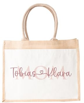 LIEBTASTISCH - Nachhaltige Jutetasche - Geschenk für Mama - Personalisiert mit Kinder Namen - Tasche - Muttertagsgeschenk - Einkaufstasche (S - 26x22x14 cm)