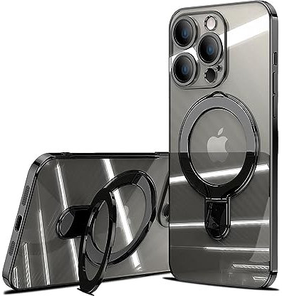 for iPhone 12 Case with Magnetic Stand,[Compatible with MagSafe] Plating Metallic Glossy Full Protection Soft Clear Case for iPhone 12 (Black)