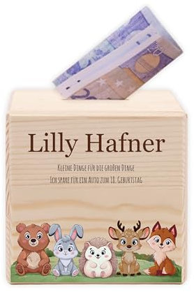 LAUBLUST Kinder Spardose Personalisiert mit Namen - Waldtiere | Sparschwein aus Holz - Personalisierte Geschenke zur Taufe, Kommunion, Konfirmation, Geburtstag | Taufgeschenke für Mädchen & Jungen