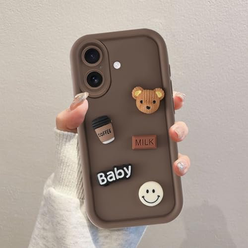 Coalbooliy Custodia per iPhone 16 Plus 6,7'', Cellulare Marrone Silicone Morbido Cover per telefono Aesthetic Modello Orsetto di peluche 3D Disegni Protezione Fotocamera Antiurto Case, 01