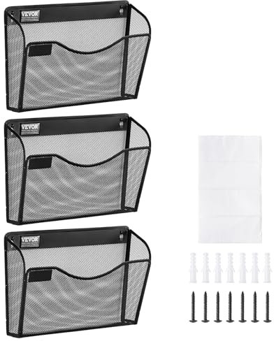 VEVOR Support mural de fichiers, 3 PCs, 1 poche, porte-documents en maille pour magazines, courrier, papier, organisateur mural en métal avec étiquette nominative, pour bureau, maison et école, noir