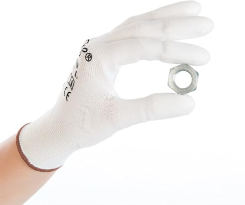 FRANZ MENSCH 12 Stück Hygostar Feinstrickhandschuhe Ultra Flex Finger | PU-Beschichtung, Packung, weiß, 8/M, L: 24cm, Arbeitshandschuhe, Nylonhandschuhe, Werkstatthandschuhe