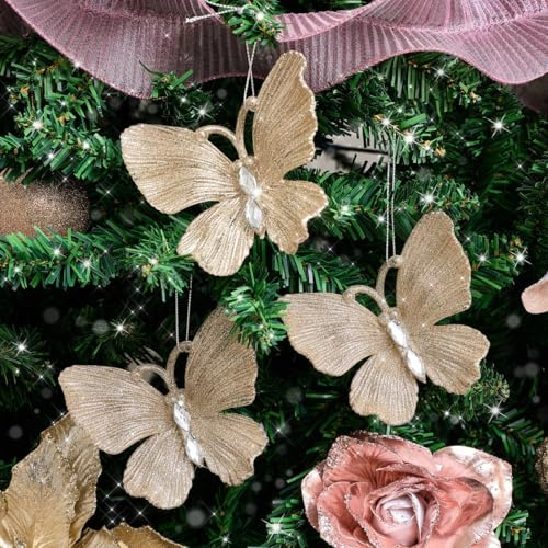 Melody Maison Set of 3 Champagne Gold Glitter Jewelled Butterfly Christmas Decorations - 10cm