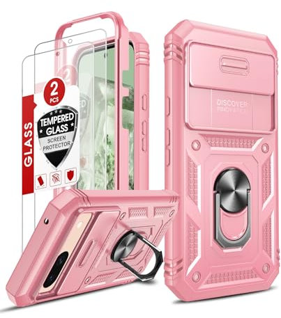 LeYi Coque pour Google Pixel 8A/8 A avec 2*Verre Trempé+Anneau Support, Full Protection de la Caméra en PC Dur Anti-Chut Renforcée Armor Heavy Duty Antichoc Bumper Housse Etui，Rose