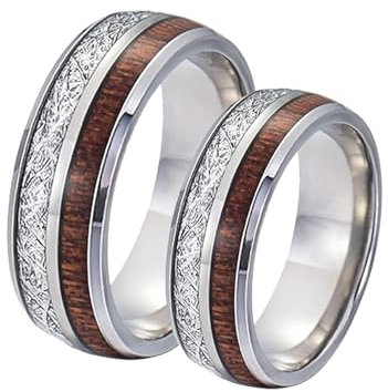 Calefee Wolframringe für Trauung, Partnerringe mit Gravur 8 mm Silberring aus Holz und Metall, Damen Größe 62 und Herren Größe 60