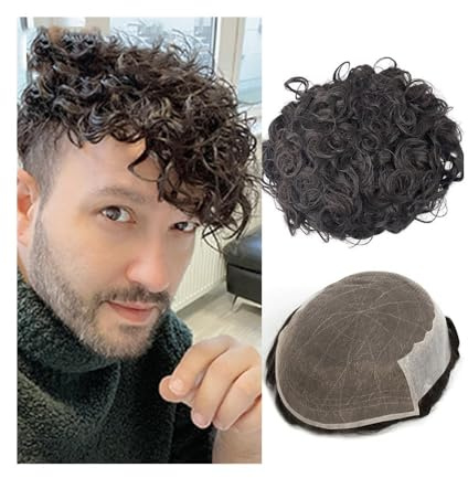 Männer Bun Perücke Spitze und PU Echthaar Ersatz 25mm Curl Lace Front Männer Haarsystem komfortable männliche Haarprothese Perücke für Männer(Off Black+20% Grey Hair,7x9)