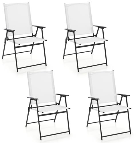 GIANTEX 4er Set Gartenstuhl klappbar, Klappstuhl Hochlehner Balkonstuhl, Terrassenstuhl mit hohen Rücken- & Armlehne, Garten Essstuhl aus Metall & Textil, bis 150 kg belastbar (Weiß,4)