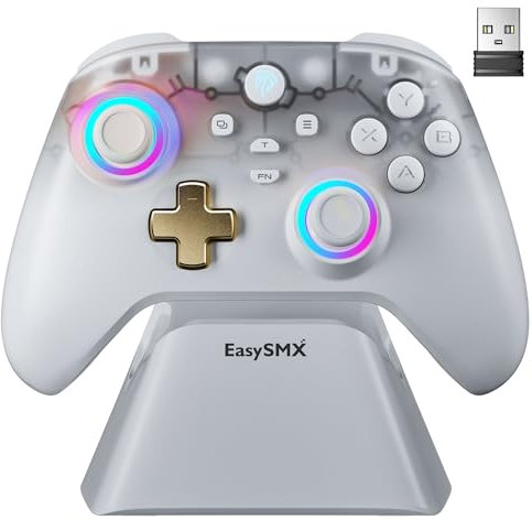 AKNES EasySMX D05 Controller di Gioco Senza Fili con Dock di Ricarica per PC/Switch/iOS/Android, Joystick e Trigger ad Hall, 2 Pulsanti Posteriori Programmabili, Frequenza di Polling 1000Hz (Bianco)