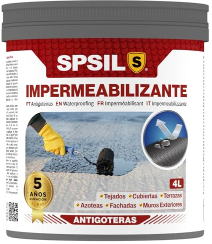 SPSIL Pintura Impermeabilizante Transparente - Previene las filtraciones de agua - Para Tejados, Cubiertas, Terrazas, Azoteas, Fachadas y Muros Exteriores (4 L) (Transparente, 4000 ml)