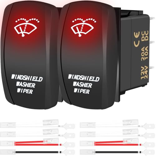 MKBKLLJY 2 Stück Scheibenwischer-Wippschalter rote LED 7-polig 3 Positionen DPDT (Ein)-Aus-(Ein) 12V/24V mit 6,3-mm-Anschluss transparente Hülle für Auto Wohnmobil Wohnwagen