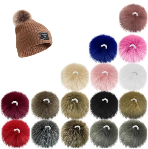 HECHKJ Fellbommel für Mützen, 16 Stücke Puschel für Mütze, Bommel für Mütze mit Elastischer Aufhängeschlaufe, Bunt Kunstfell Bommel, für Mützen, Taschen, Schals