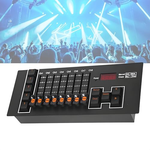 DMX Controller, 40 Kanäle Lichtsteuerungskonsole mit 8 Fadern und 5 programmierbare Modi DMX512 DJ Controller mit 5 CHASE-Effekte und 3-polige Standard-DMX-Ausgang für Bühnenbeleuchtung Live-Auftritt