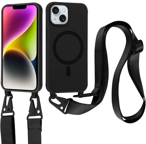 Jrkvniv Coque Magnétique pour iPhone 14 Plus avec Cordon, Silicone Housse avec Lanyard Réglable Portable, Antichoc Anti-Chute Bandoulière Lanière Case pour iPhone 14 Plus 6,7, Noir